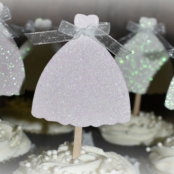 Wedding Dress Cupcake Picks, Glitter Bridal Shower Cupcake Toppers, Set of 12