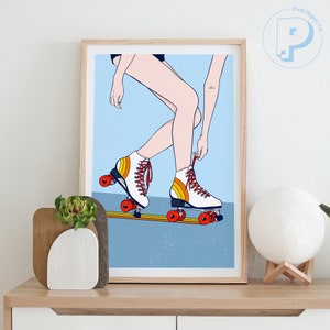 May include: A retro illustration of a person roller skating. The person is wearing white roller skates with red and orange stripes. The roller skates are on a wooden board with red wheels. The background is light blue.