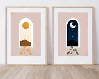 2 Pack Contemporary Day &Night Instant Download, Modern Boho Printable Wall Art, Minimalist Decor, Abstract Art Print o fondo de pantalla digital