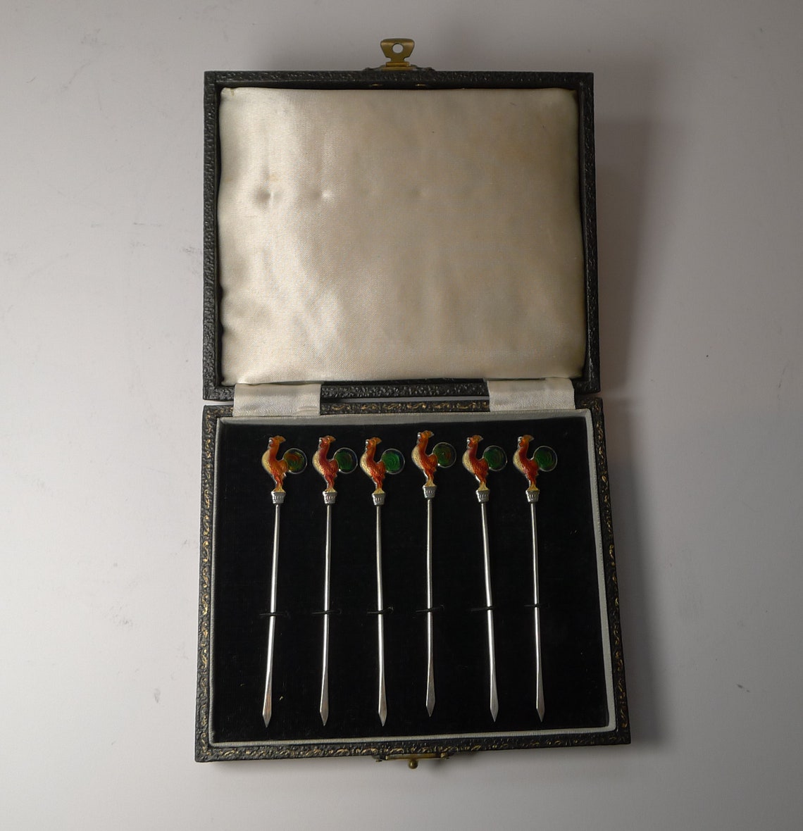 Set Six Solid Sterling Silver & Enamel Cocktail Sticks c.1940 Etsy