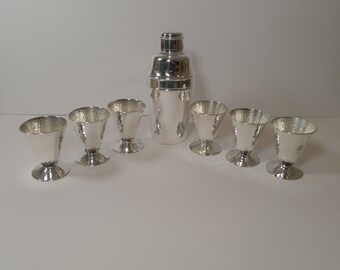 Art Deco Hammered Silver Plate Cocktail Shaker / Set c.1930