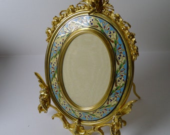 Fine Antique French Gilded Bronze and Champleve Enamel Photograph Frame c.1890 - Cherubs