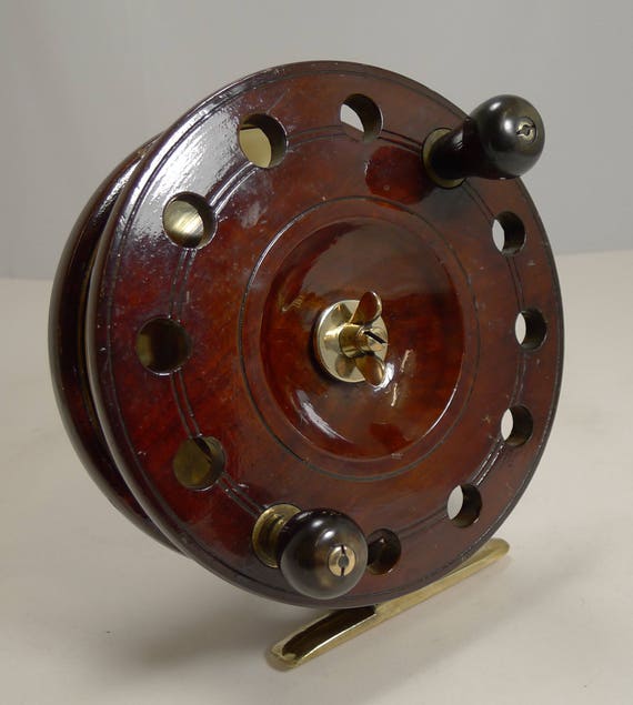 Large 7 1/2 Antique English Mahogany and Brass Star-back Fishing Reel  C.1910 