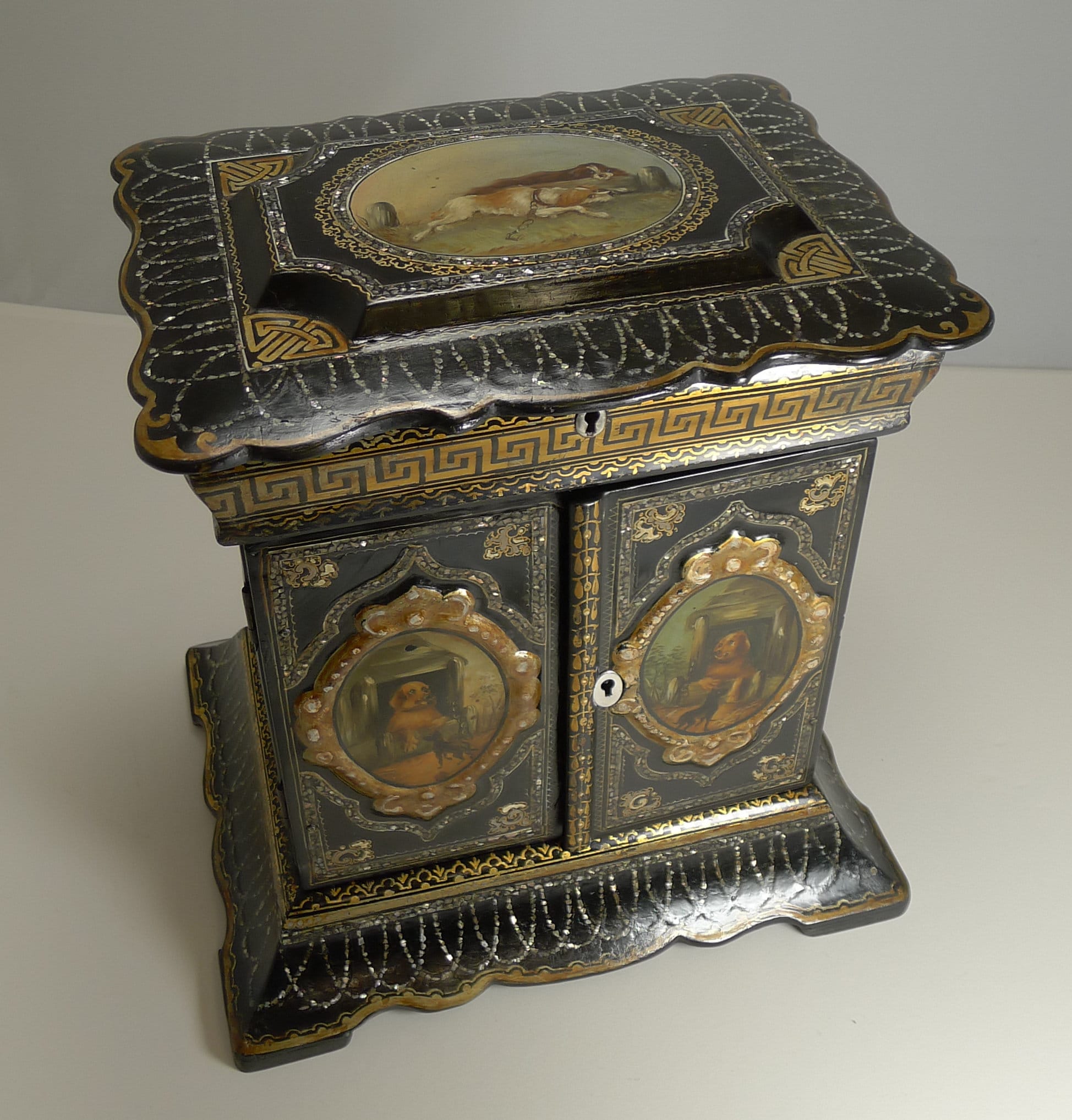Image of Magnificent English Papier Mache Jewelry Cabinet/Box C.1860 - Dogs