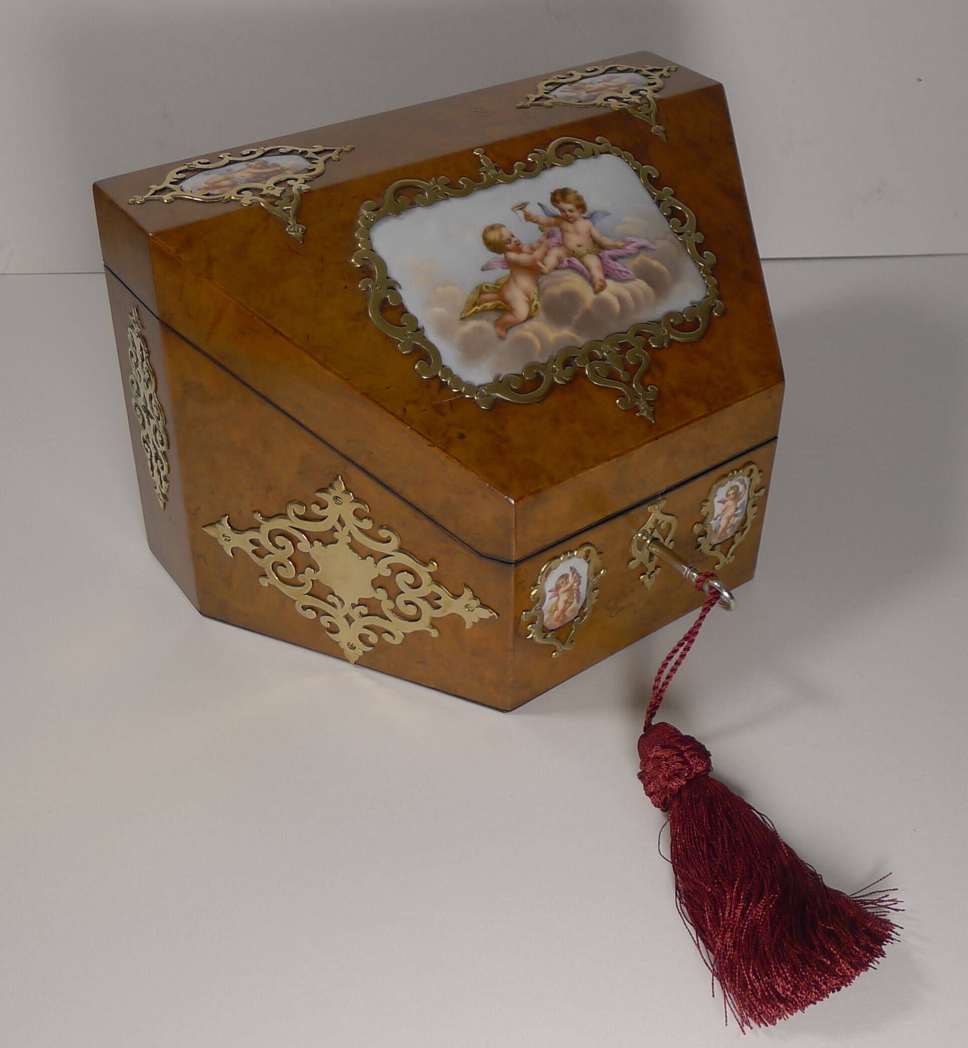 Image of Magical Antique English Burr Walnut & Hand-Painted Porcelain Stationery Box C.1850