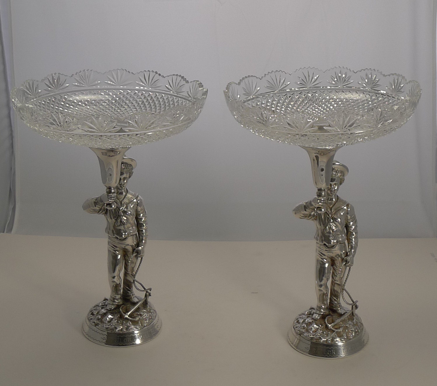Image of Grand Pair Nautical Silver Plate & Cut Crystal English Centerpieces - Sailor Prince