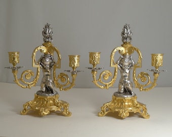 Par Magnífico Candelabro de Tres Ramas de Bronce Francés / Candelabro - Querubines c.1870