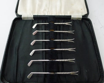 Set Six Novelty Solid / Sterling Silver Golf Club Cocktail Sticks