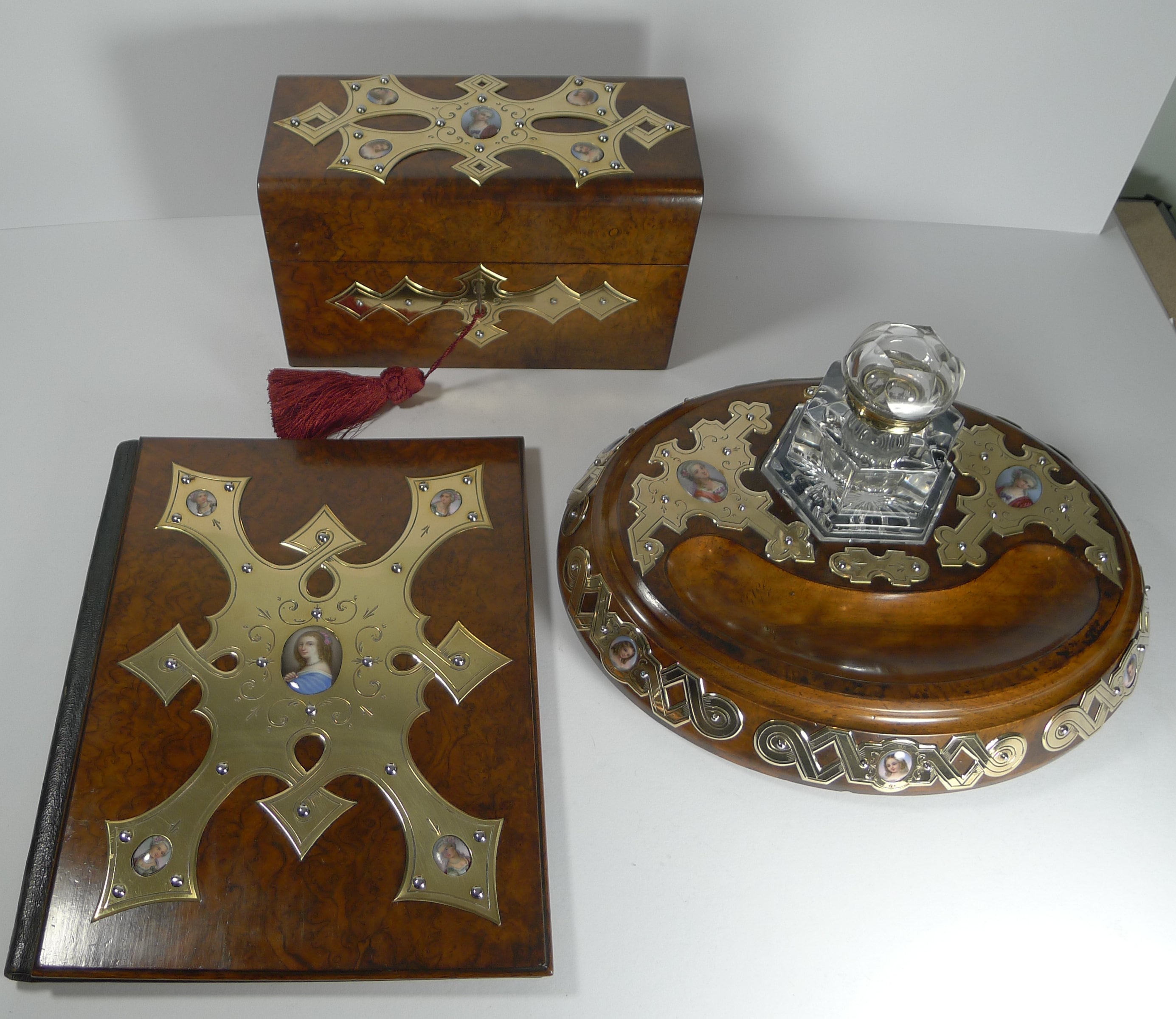 Image of Magnificent & Grand French Three Piece Desk Set - Hand Painted Porcelain Inset C.1860