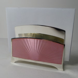 Impresionante estante de cartas de esmalte de esmalte americano Art Deco American Sterling Silver & Pink Guilloche