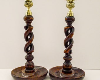 Pair 12" Antique English Oak Barley Twist Candlesticks - Brass Tops