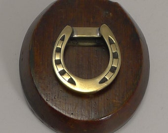 Antique English Oak and Brass Horseshoe Letter / Paper Clip - Equestrian c.1890