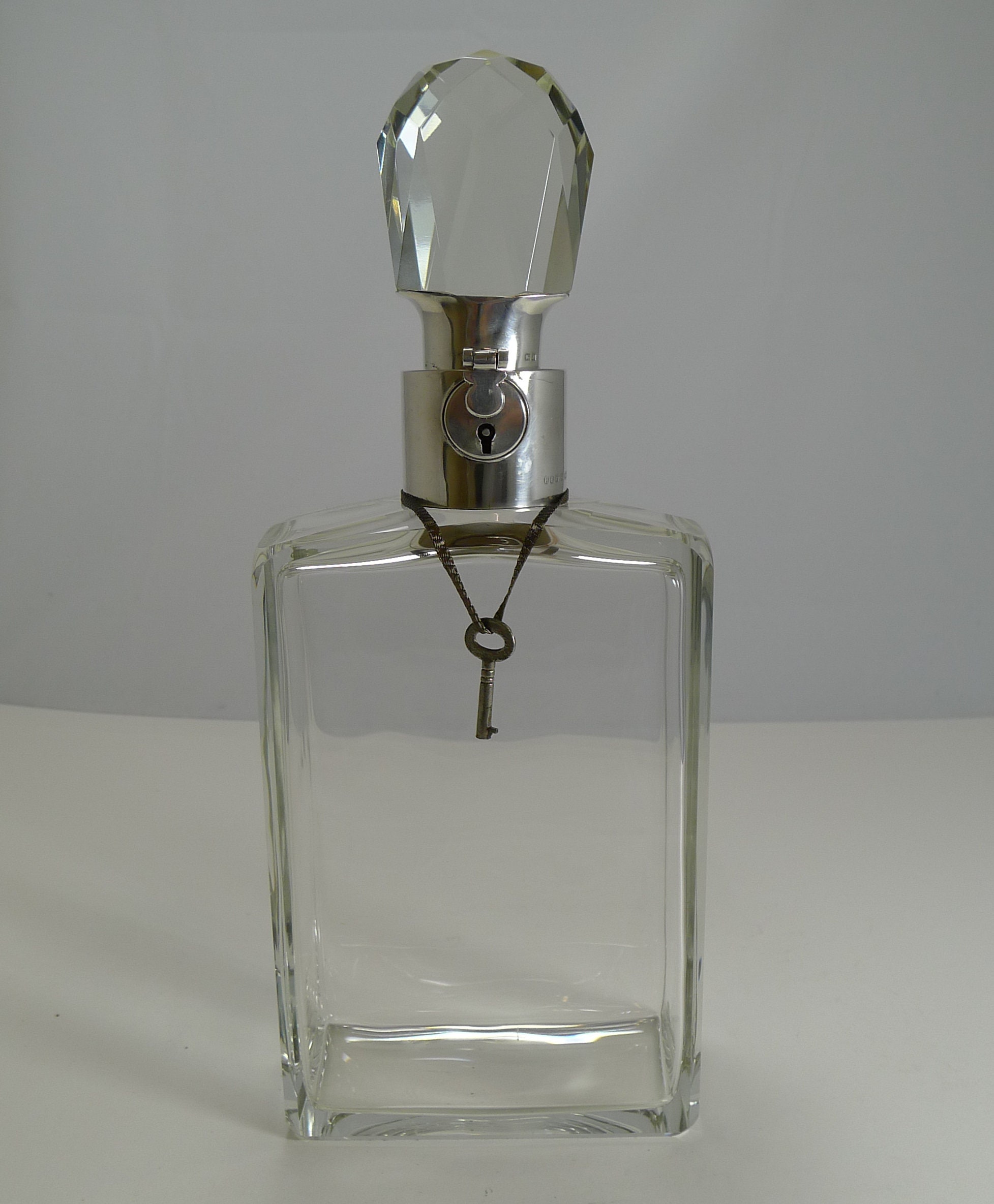 Image of English Art Deco Crystal & Sterling Silver Locking Decanter By Hukin Heath