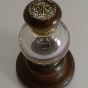 Handsome Antique Iridescent Glass and Mahogany Inkwell - Owl With Glass Eyes