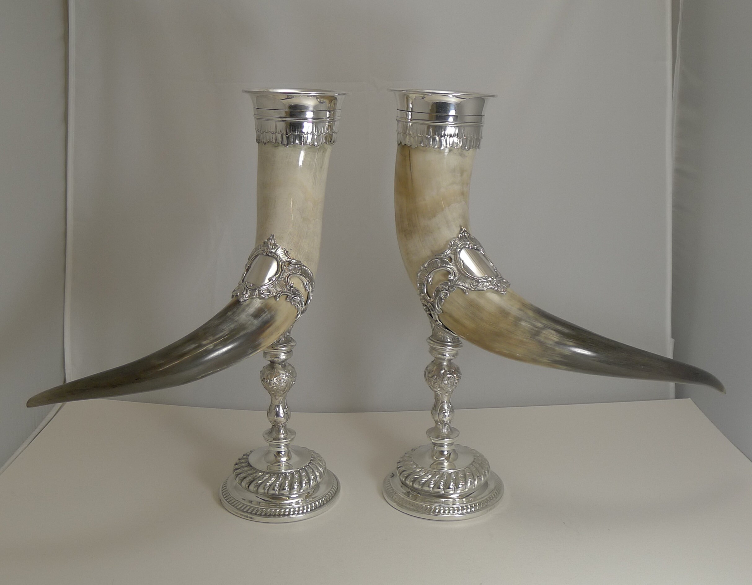 Image of Outstanding Large Pair Horn & Silver Plate Cornucopia C.1900