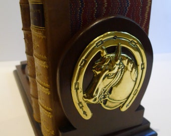 Antique English Mahogany and Brass Bookslide / Bookends - Horses