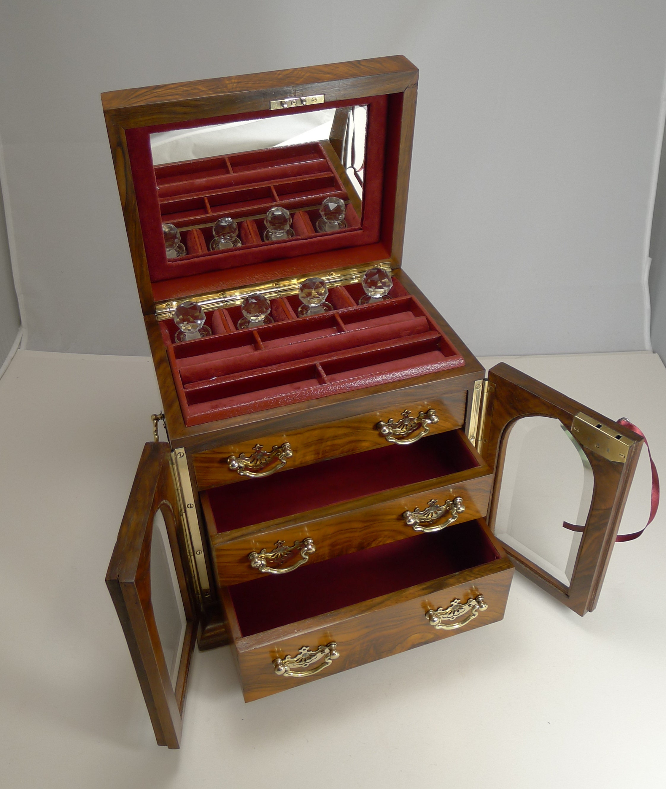Image of Fine Large Antique English Jewellery Box With Cut Crystal Perfume Bottles C.1900