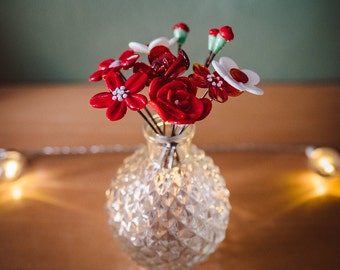 Red Valentines Rose Glass Flower Bouquet with Vase