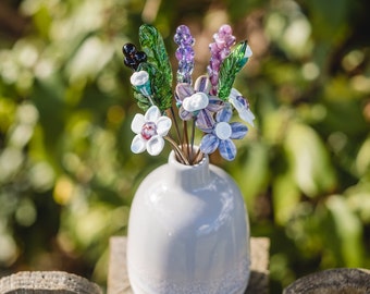 Lavender Glass Flower Bouquet and Grey Ceramic Vase