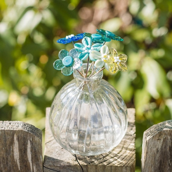 Teal and Turquoise Glass Flowers With Vase 