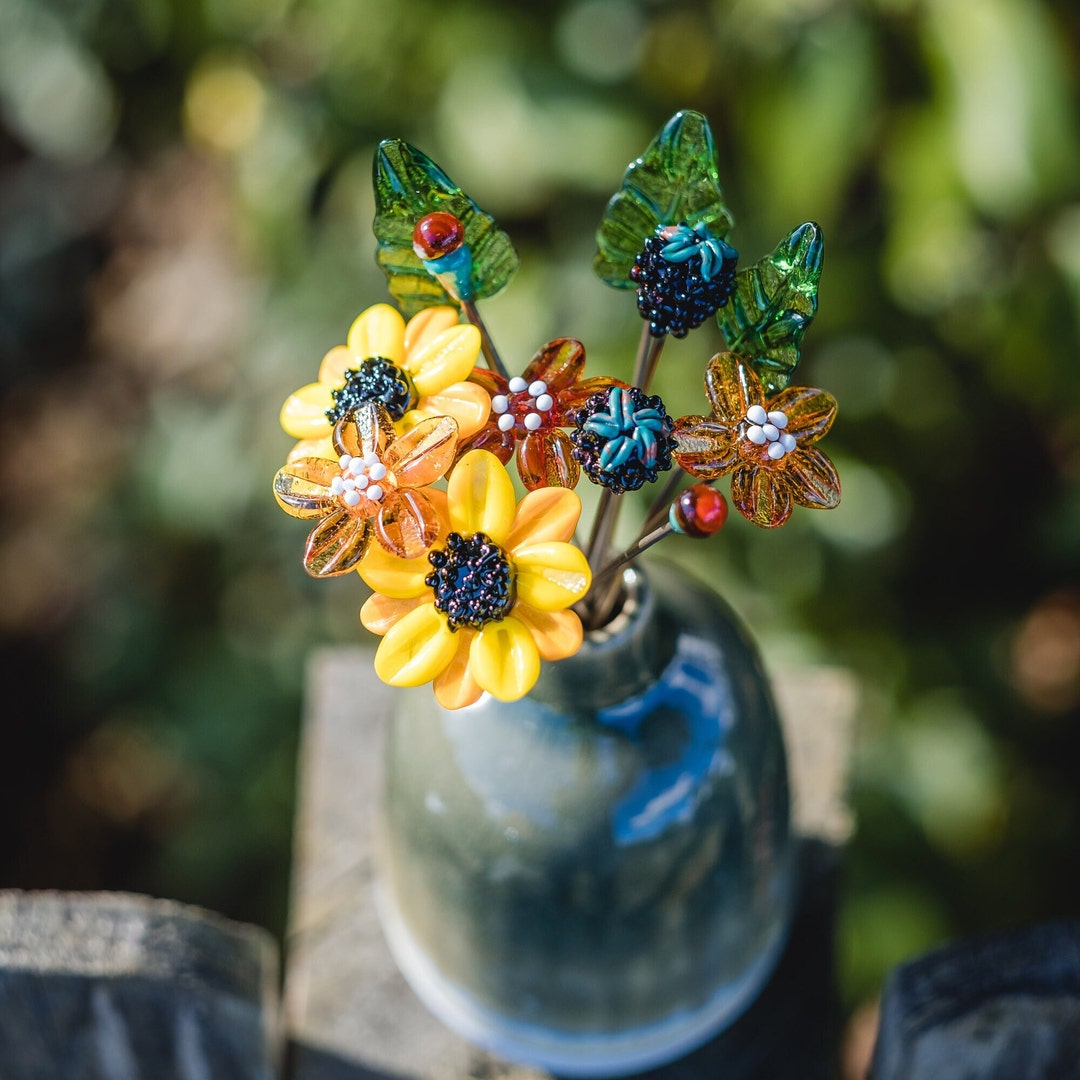 Autumnal Glass Flower Bouquet in Green Ceramic Vase -  Israel