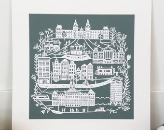 Amsterdam Art Print, Signed Limited Edition, Amsterdam Poster, Rijksmuseum, Vondelpark, Dutch Art, Netherlands Art, Holland, Paper Cut Art