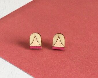 Geometric Drop Earrings, Wooden Stud Earrings, Colourful Earrings