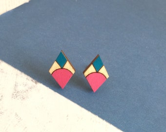 Geometric Diamond Earrings, Wooden Stud Earrings, Colourful Earrings