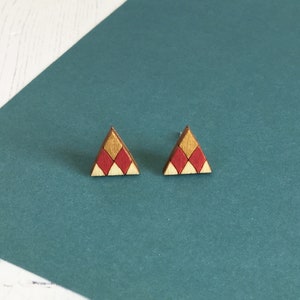 Geometric Triangle Earrings, Wooden Stud Earrings, Colourful Earrings, Sustainable Jewellery Red/Gold