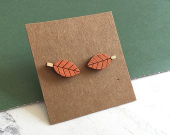 Geometric Leaf Earrings, Wooden Stud Earrings, Nature Earrings