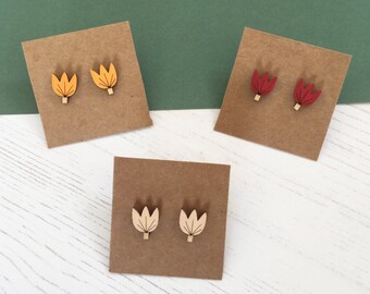 Tulip Minimal Earrings, Wooden Stud Earrings, Floral Earrings