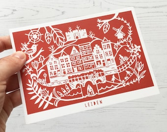 Leiden Postcard SECONDS, Leiden Netherlands Card, Leiden Illustration, Paper Gifts, Snail Mail, Happy Stationery, Papercut Art