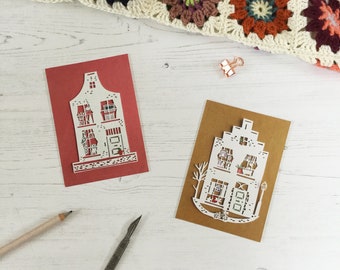 Illustrated House Postcard, Paper Cut Style, Dutch Canal Houses, Paper Gifts, Snail Mail, Happy Stationery, Photograph of Papercut Art