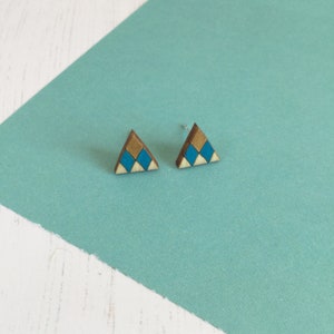 Geometric Triangle Earrings, Wooden Stud Earrings, Colourful Earrings, Sustainable Jewellery Blue/Gold