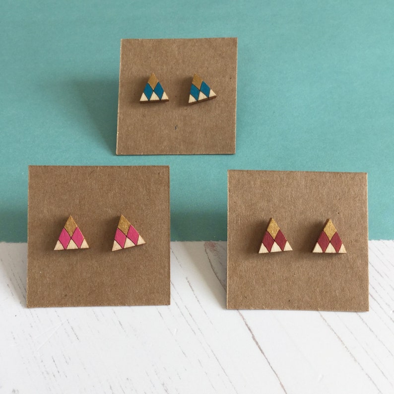 Geometric Triangle Earrings, Wooden Stud Earrings, Colourful Earrings, Sustainable Jewellery image 9