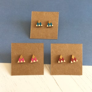 Geometric Triangle Earrings, Wooden Stud Earrings, Colourful Earrings, Sustainable Jewellery image 2