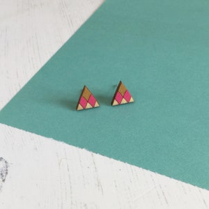 Geometric Triangle Earrings, Wooden Stud Earrings, Colourful Earrings, Sustainable Jewellery Pink/Gold