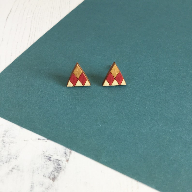 Geometric Triangle Earrings, Wooden Stud Earrings, Colourful Earrings, Sustainable Jewellery Red/Gold