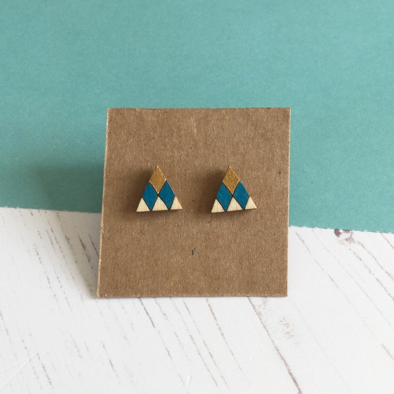 Geometric Triangle Earrings, Wooden Stud Earrings, Colourful Earrings, Sustainable Jewellery image 6