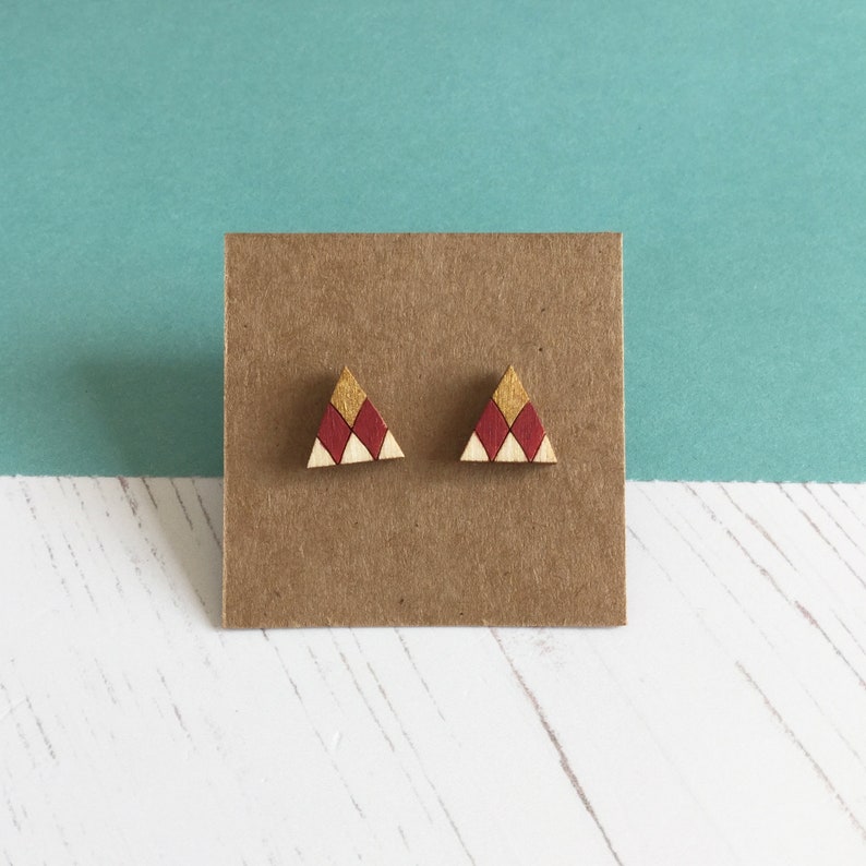 Geometric Triangle Earrings, Wooden Stud Earrings, Colourful Earrings, Sustainable Jewellery image 5