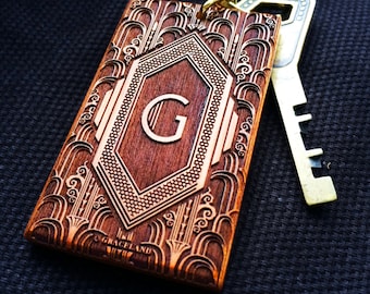 LKAD | Art Deco Monogram Keyring | Unique Engraved Wooden Keychain with Vintage Design | GracelandGifts