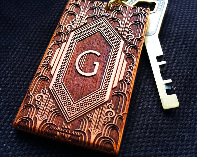 Featured listing image: LKAD | Art Deco Monogram Keyring | Unique Engraved Wooden Keychain with Vintage Design | GracelandGifts