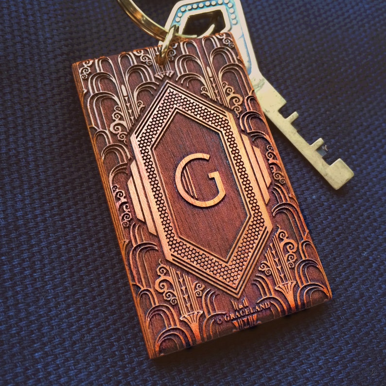 LKAD Art Deco Monogram Keyring Unique Engraved Wooden Keychain with Vintage Design GracelandGifts image 2