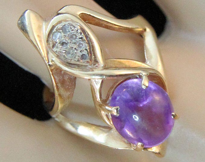 Estate 14K Yellow Gold Genuine Oval Cabochon Amethyst & Diamonds Ring 3.632 Carats CTW 7.8 Grams Size 6.25 February Birthstone Gift