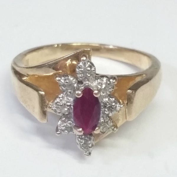 Estate 10K Yellow Gold Marquise Cut Ruby and Diamonds Ring .39 Carats Total Weight CTW 4 Grams Size 4.25 July Birthstone Signed CBIGift
