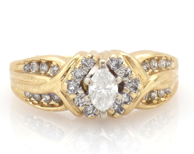 14K Solid Yellow Gold Natural Diamonds Ring Marquise Round Cut Vintage Estate Nearly Half Carat Total Over 4 Grams Size 6.5 Holiday Gift