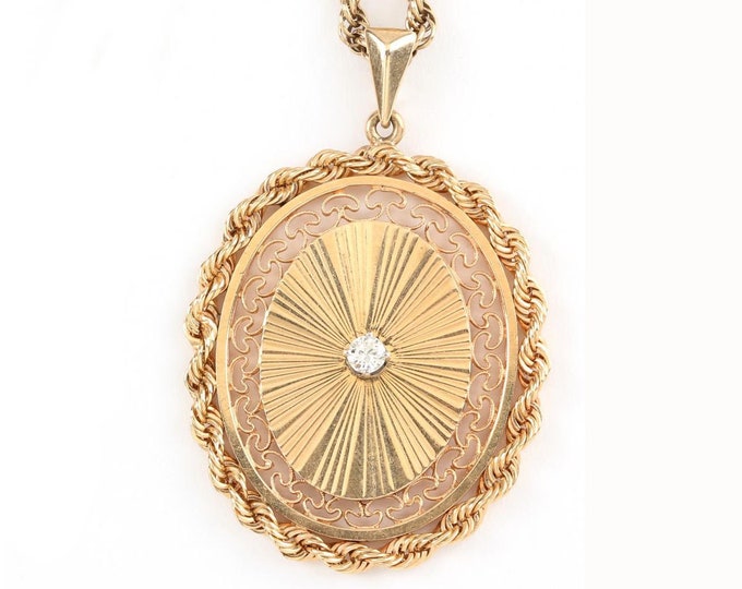 Estate Diamond Pendant Vintage 14K Solid Yellow Gold Natural Diamond Solitaire Oval Starburst Filigree Rope Twist Holiday Gift