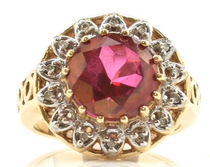 Estate Topaz Ring Vintage 10K Solid Yellow and White Gold Natural Red Topaz Diamonds 4.16 Carats Total Weight Size 5.25 Holiday Gift