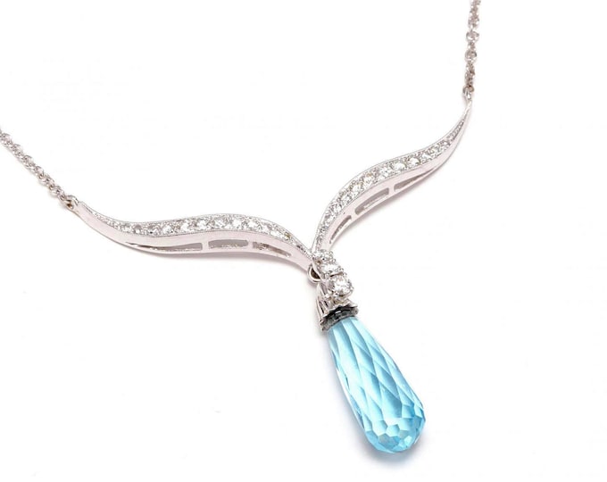 Estate Gemstone Necklace Vintage 14K Solid White Gold Natural Diamonds Aquamarine Necklace 22 Inches Long March Birthstone Holiday Gift