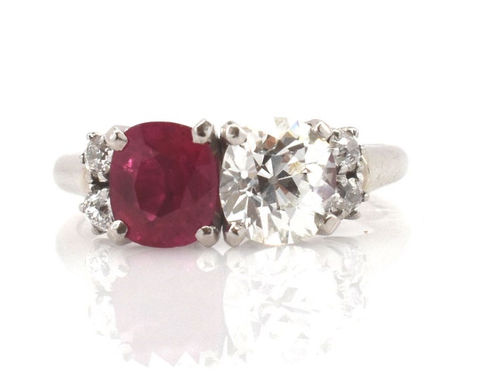 Estate Diamond Ruby Ring Vintage 14K Solid White Gold Natural Diamonds 2.73 Carats Total Weight Size 7.25 July Birthstone GIA Certified Gift